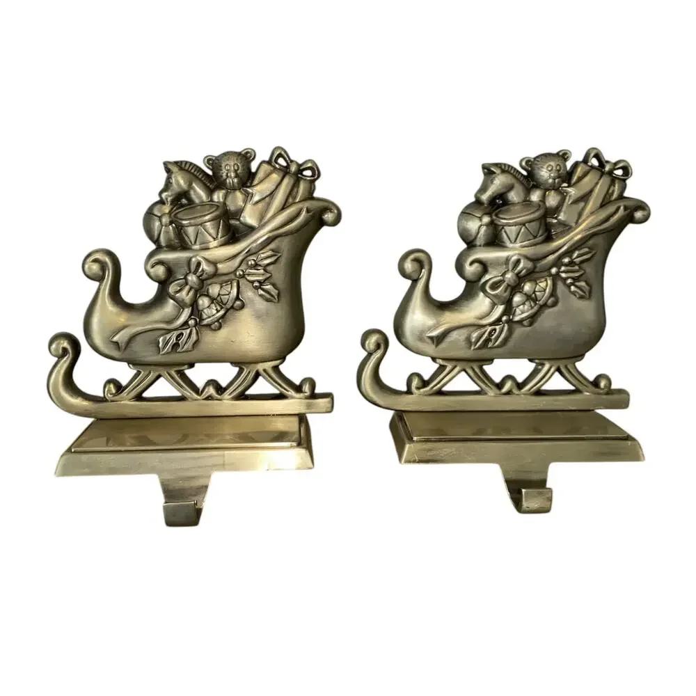Set of 2 Santa's Sleigh Pewter Finish Christmas Stocking Hanger Hook Santa Claus